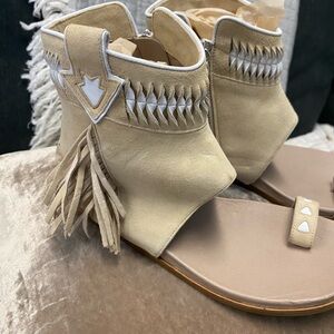 Donald J. Pliner Lisa Gemil western ankle cuff fringe tan toe strap sandal